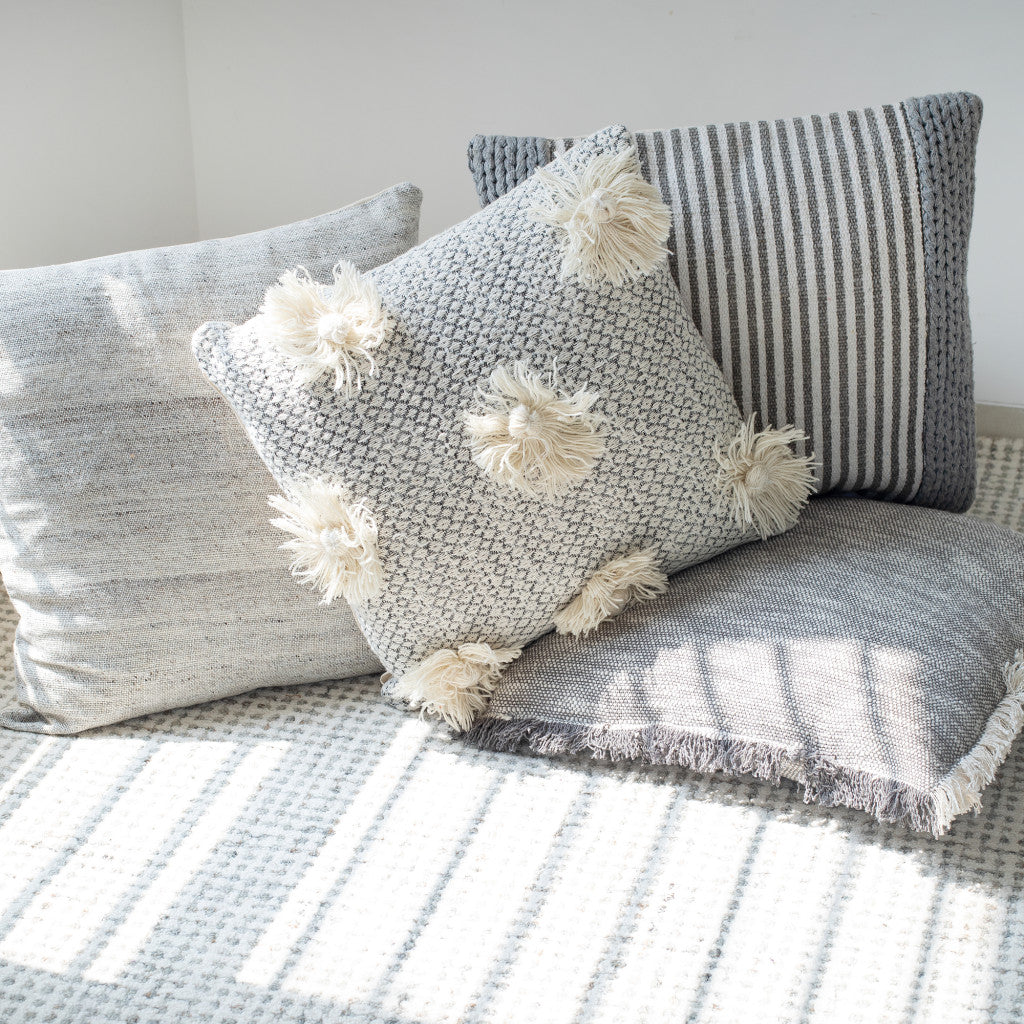 Gray and Ivory Floral Cotton Throw Pillows With Fringe