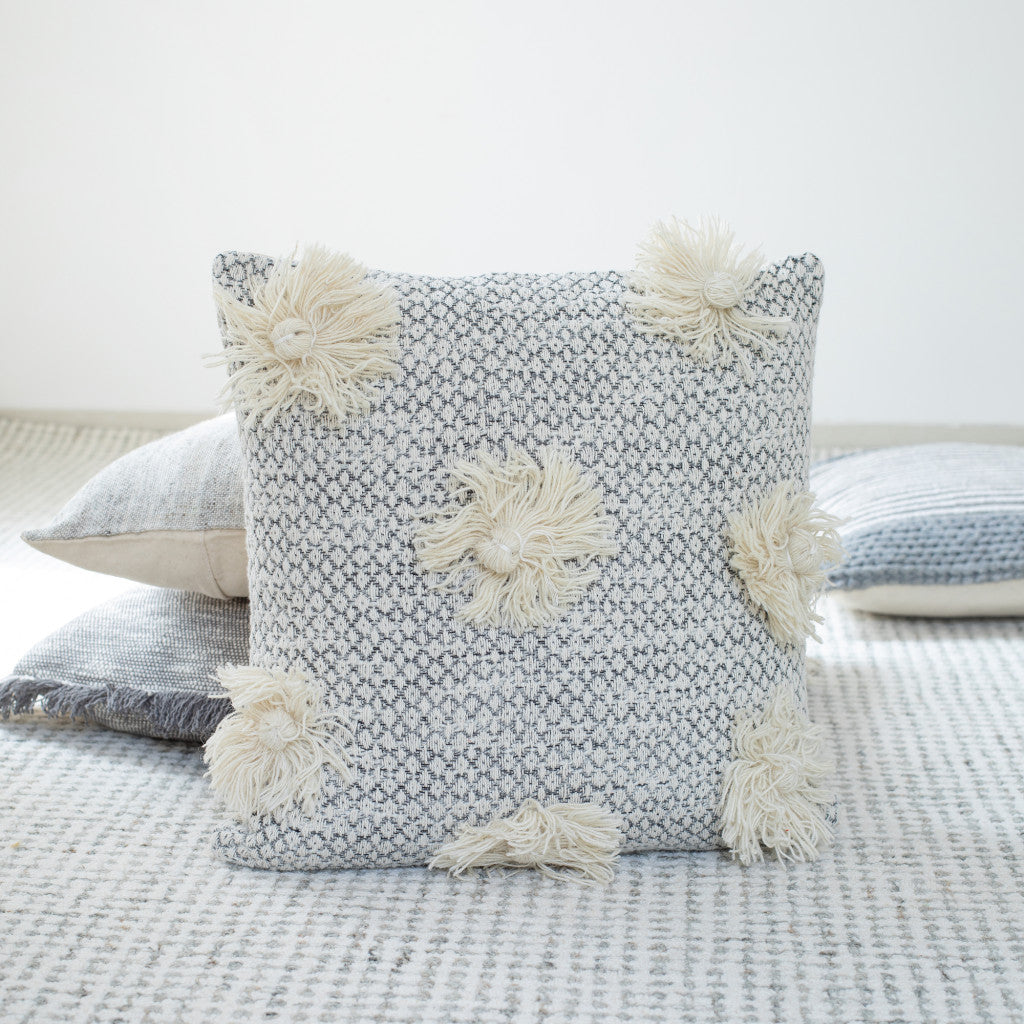 Gray and Ivory Floral Cotton Throw Pillows With Fringe