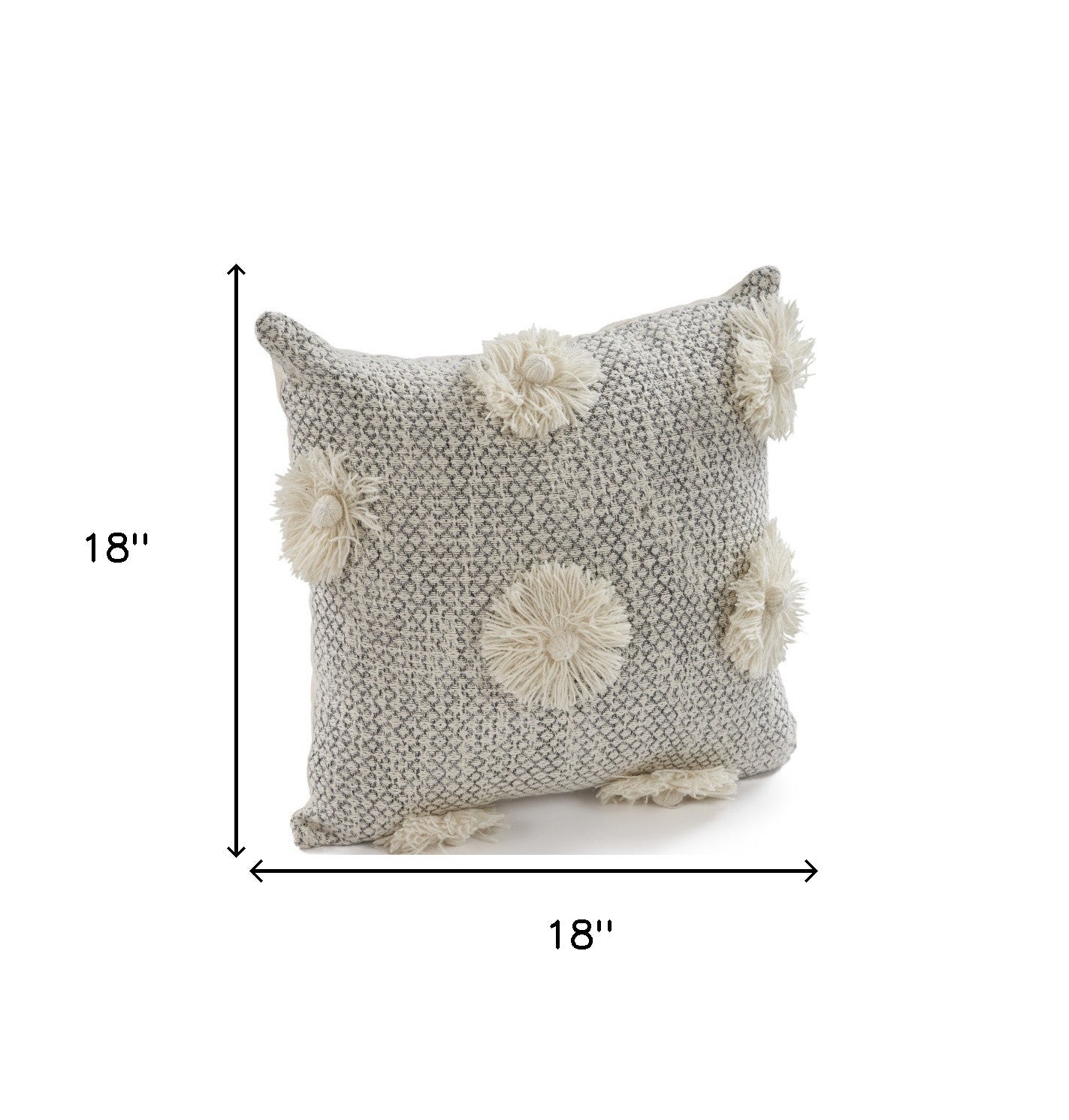 Gray and Ivory Floral Cotton Throw Pillows With Fringe