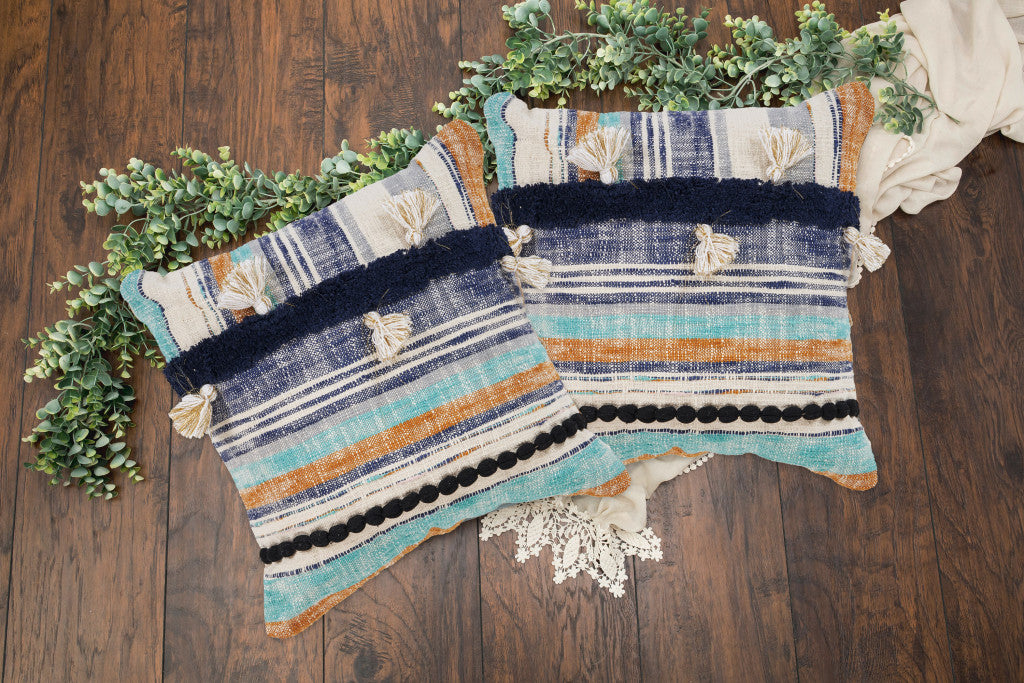 Blue Striped Cotton Throw Pillows With Tassels