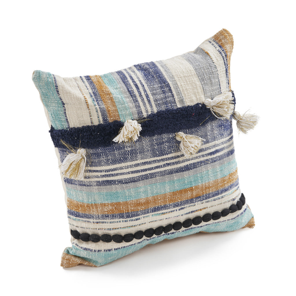 Blue Striped Cotton Throw Pillows With Tassels