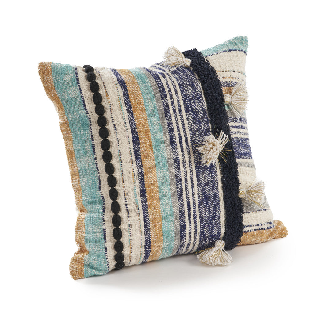 Blue Striped Cotton Throw Pillows With Tassels