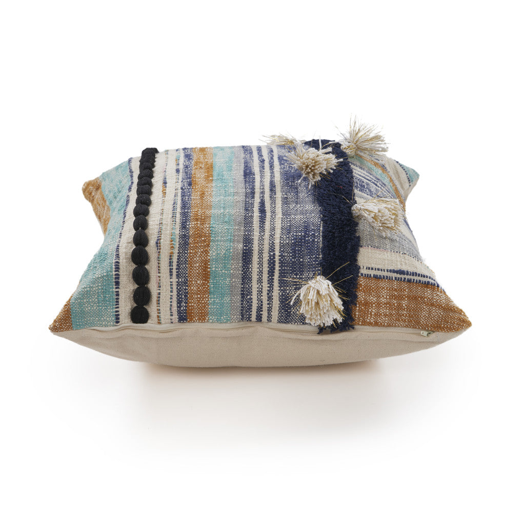 Blue Striped Cotton Throw Pillows With Tassels