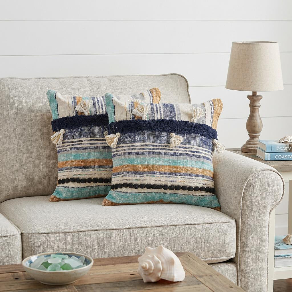 Blue Striped Cotton Throw Pillows With Tassels