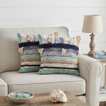 Blue Striped Cotton Throw Pillows With Tassels
