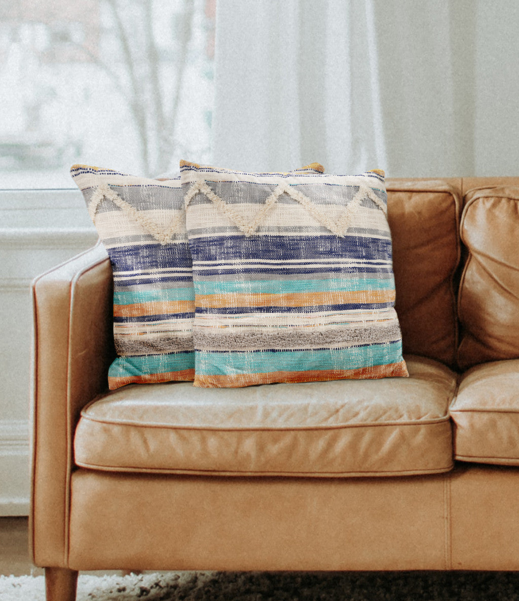 Blue Striped Cotton Throw Pillows With Fringe