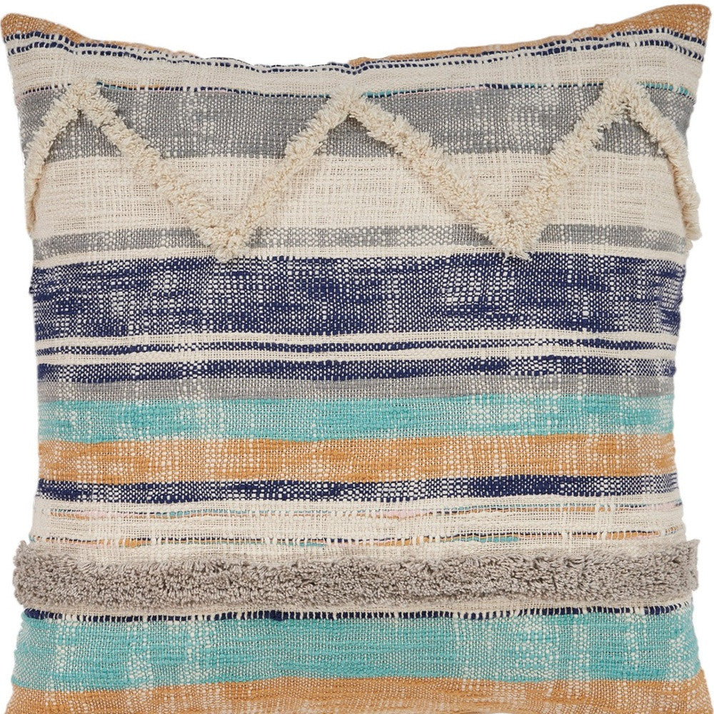 Blue Striped Cotton Throw Pillows With Fringe
