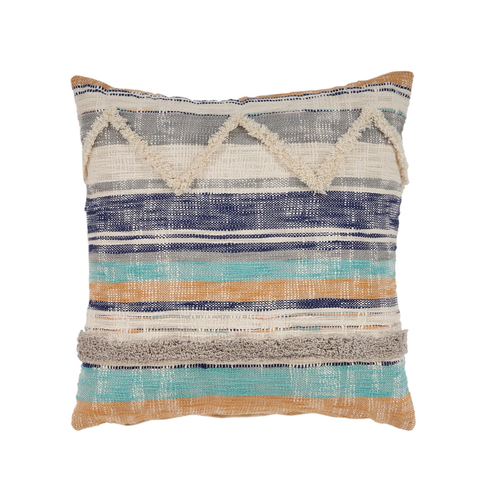 Blue Striped Cotton Throw Pillows With Fringe