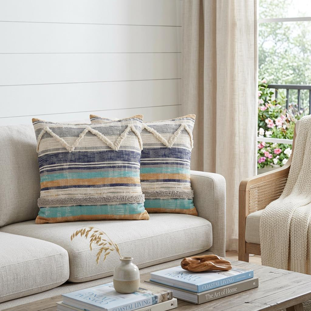 Blue Striped Cotton Throw Pillows With Fringe