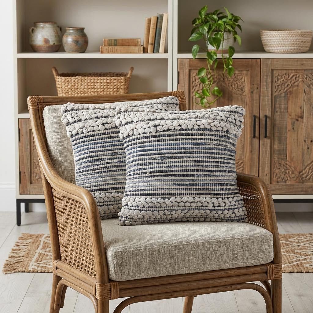 Blue And Ivory Cotton Throw Pillows with Texture