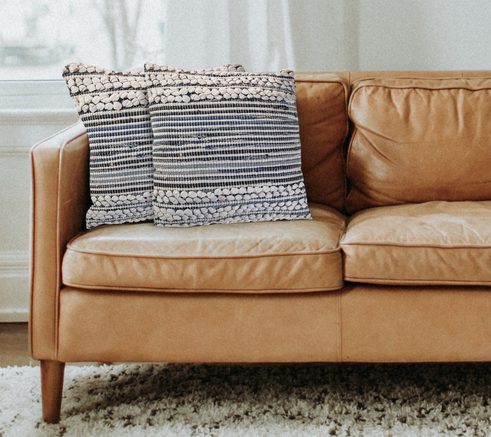 Blue And Ivory Cotton Throw Pillows with Texture