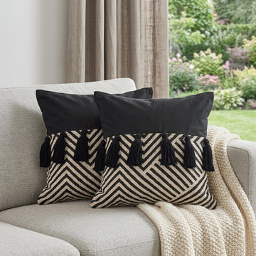 Black and White Chevron Cotton Throw Pillows With Tassels