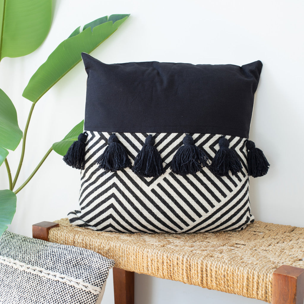 Black and White Chevron Cotton Throw Pillows With Tassels