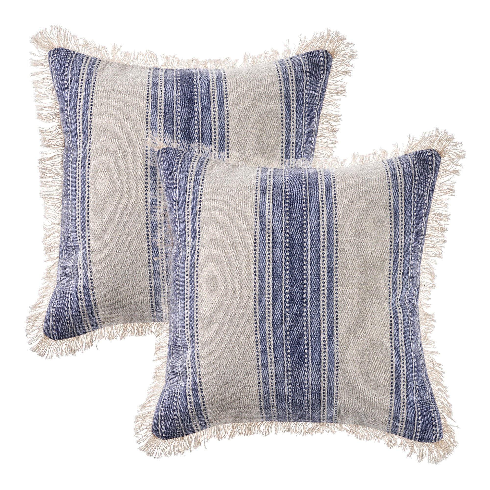 Blue and Cream Cotton Throw Pillows with Fringe