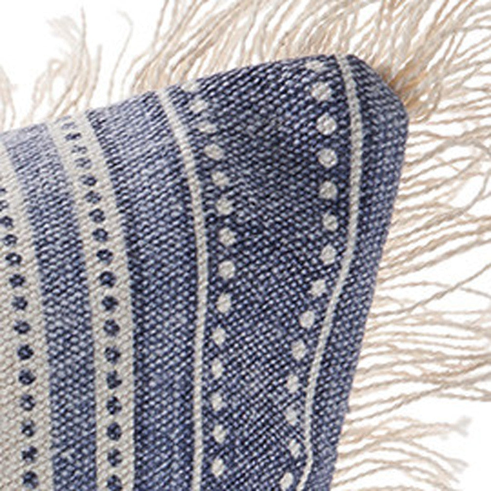 Blue and Cream Cotton Throw Pillows with Fringe
