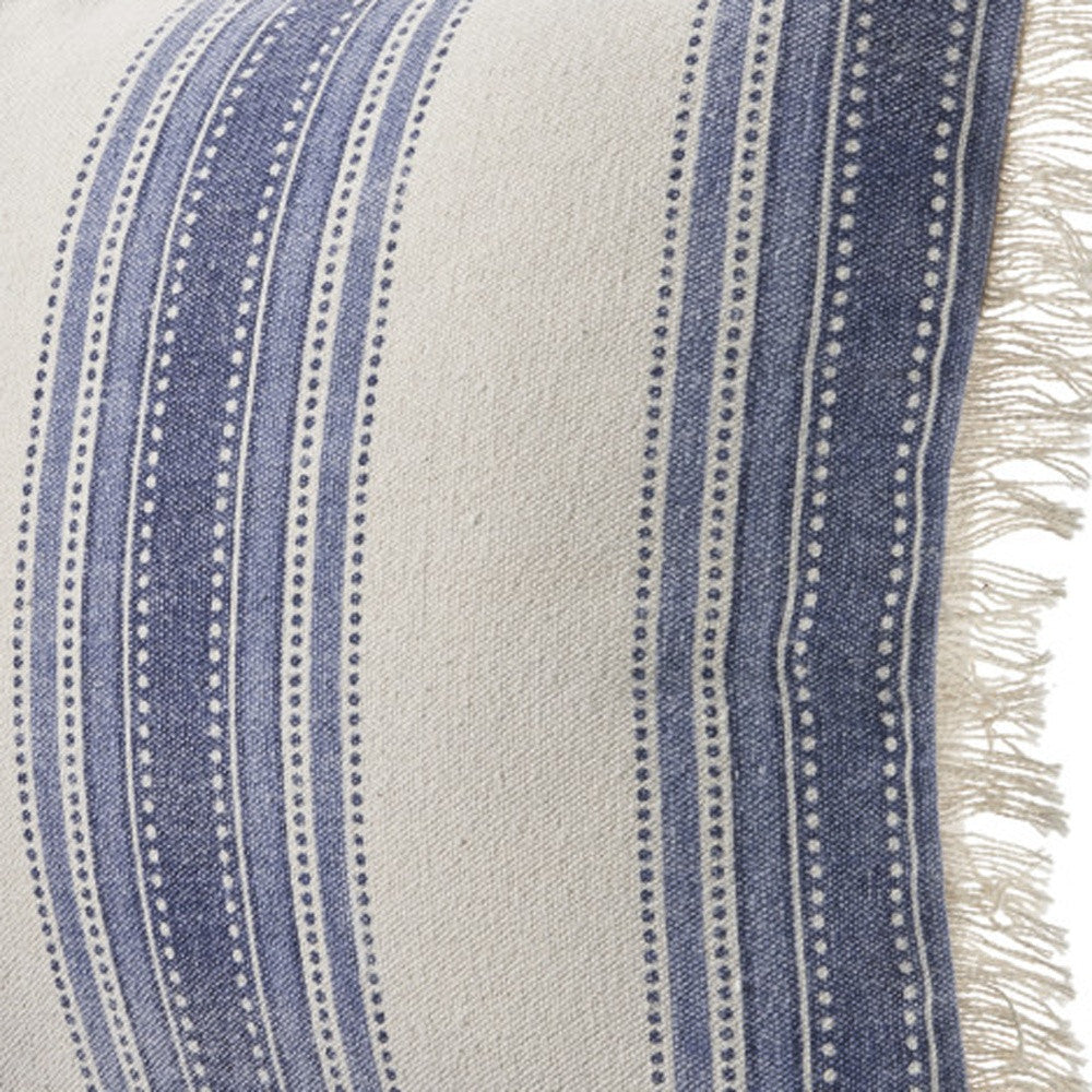 Blue and Cream Cotton Throw Pillows with Fringe