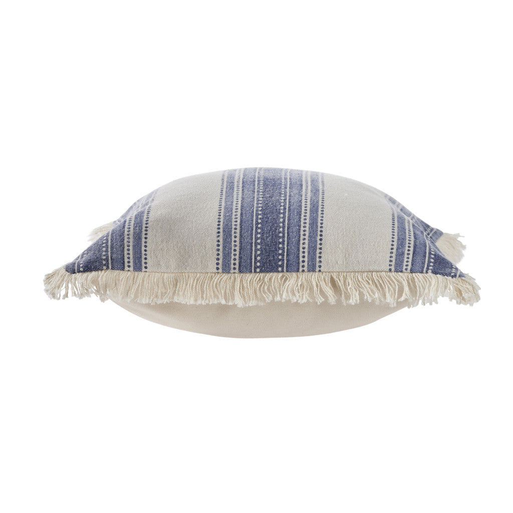 Blue and Cream Cotton Throw Pillows with Fringe