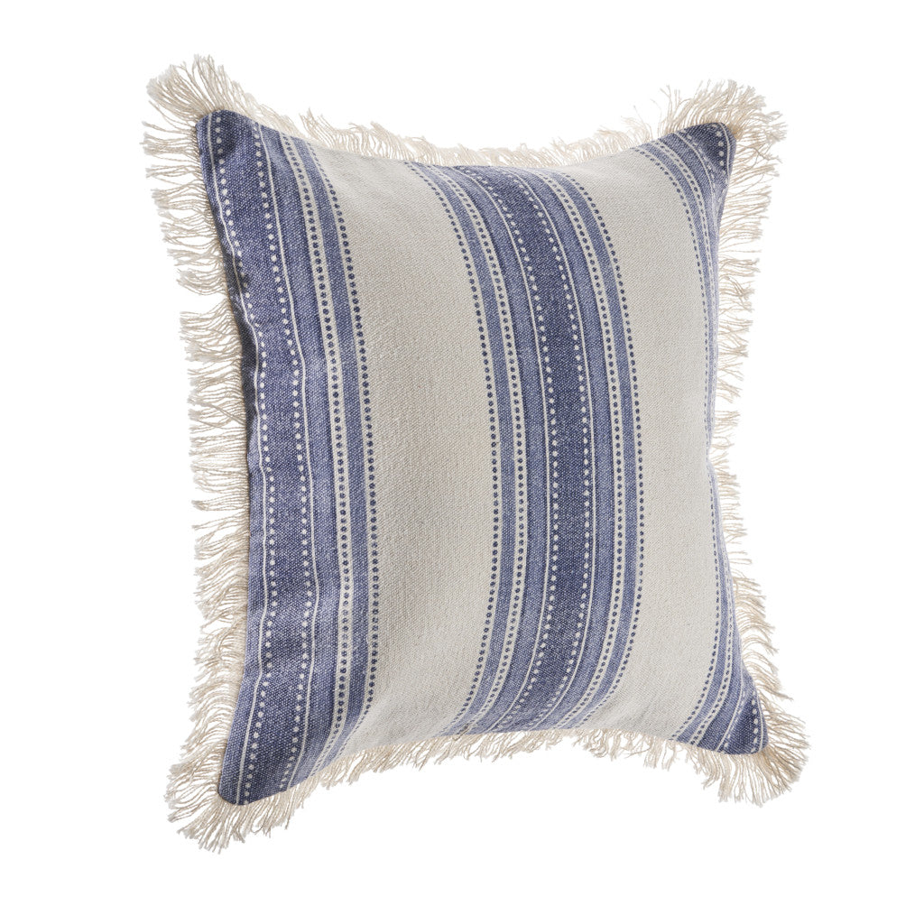 Blue and Cream Cotton Throw Pillows with Fringe