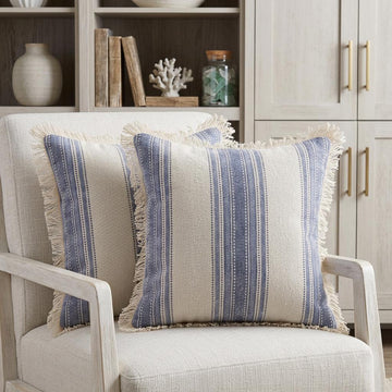 Blue and Cream Cotton Throw Pillows with Fringe