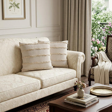Beige Ribbed Cotton Throw Pillows With Fringe