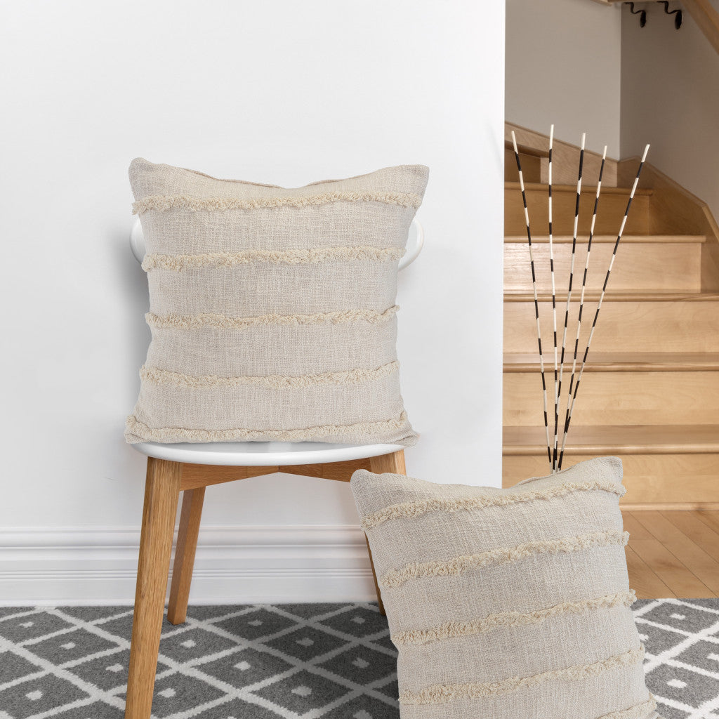 Beige Ribbed Cotton Throw Pillows With Fringe