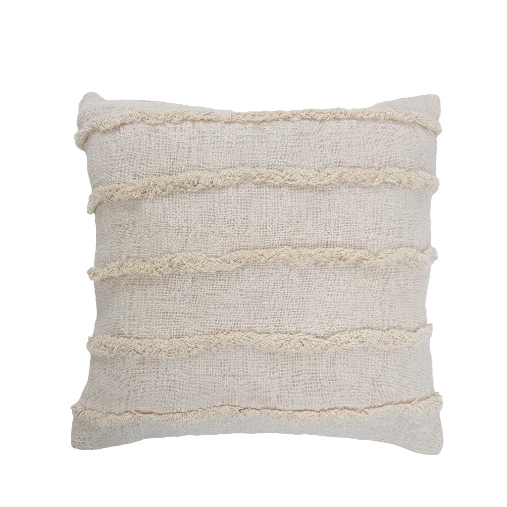 Beige Ribbed Cotton Throw Pillows With Fringe