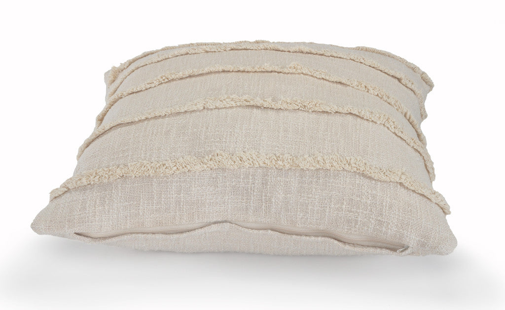 Beige Ribbed Cotton Throw Pillows With Fringe