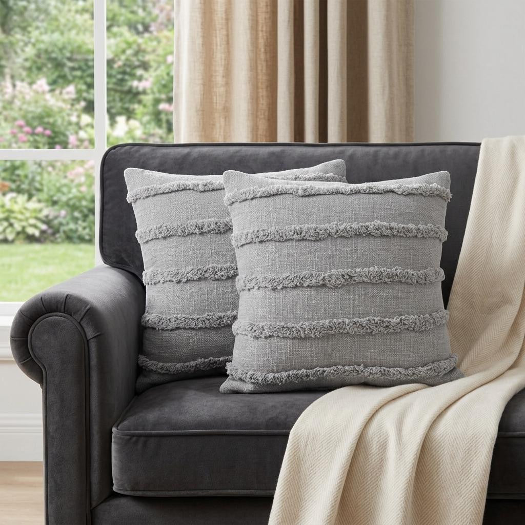 Beige Ribbed Cotton Throw Pillows With Fringe