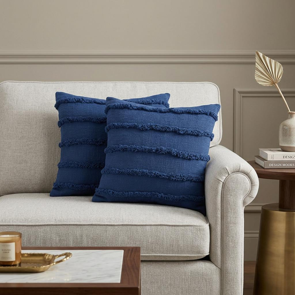 Beige Ribbed Cotton Throw Pillows With Fringe