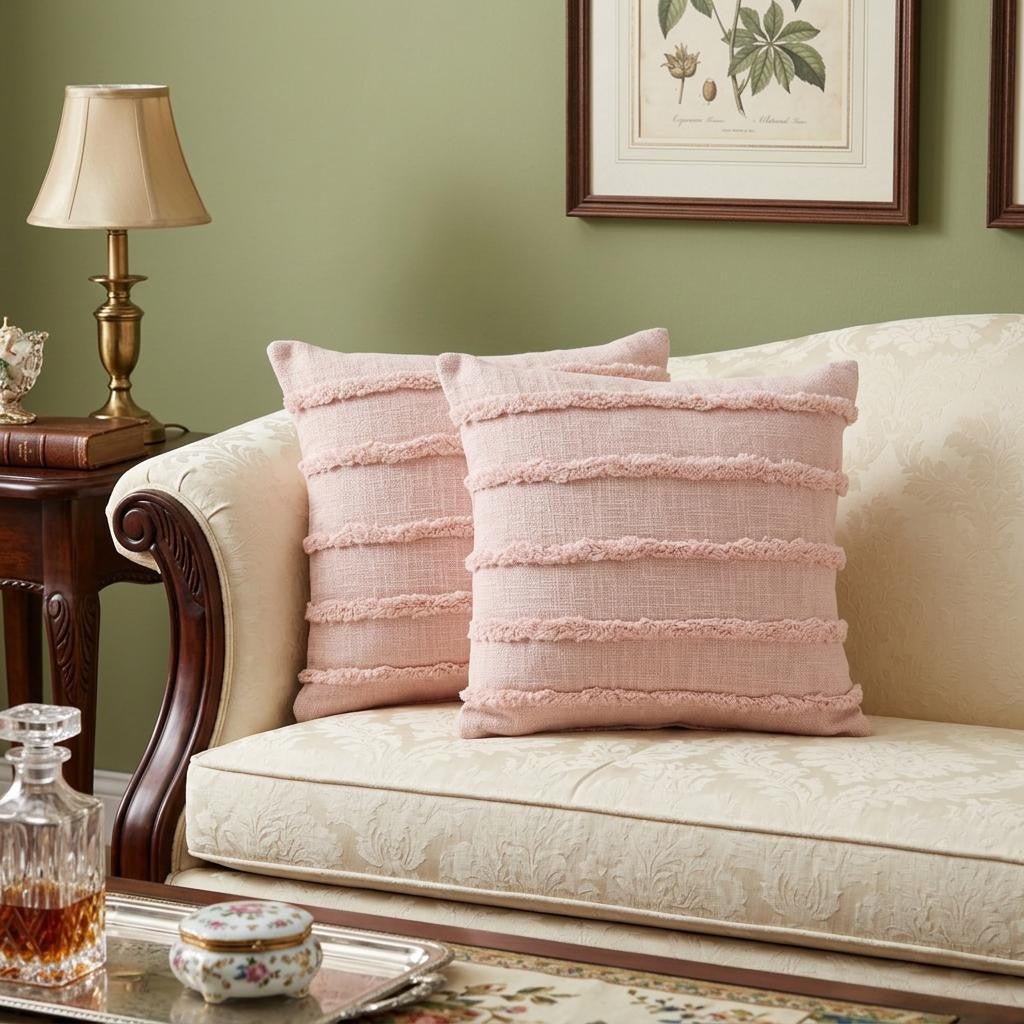 Beige Ribbed Cotton Throw Pillows With Fringe
