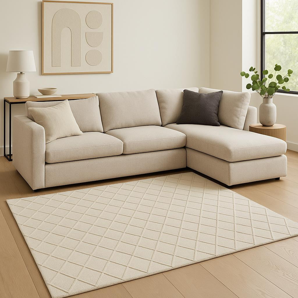 Ivory Wool Geometric Hand Woven Area Rug