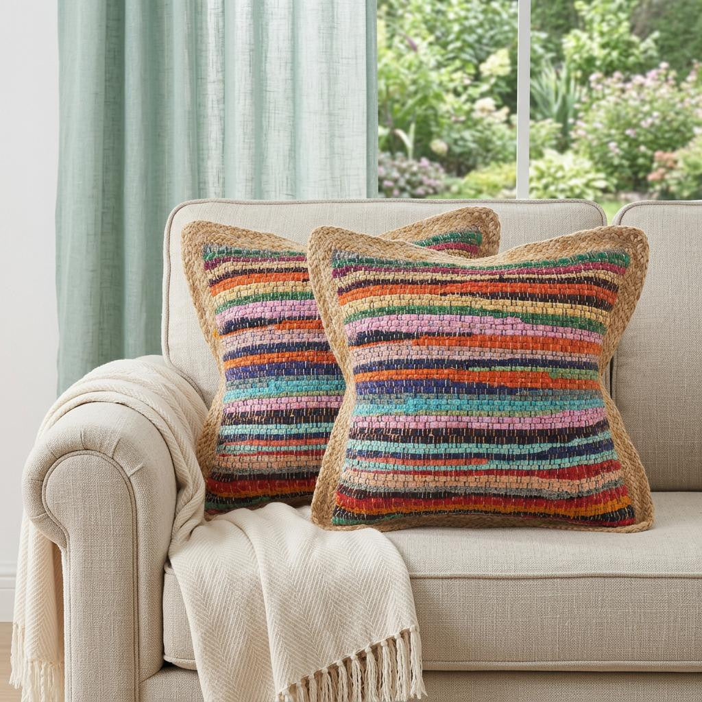 Blue Red And Natural Striped Cotton And Jute Throw Pillows