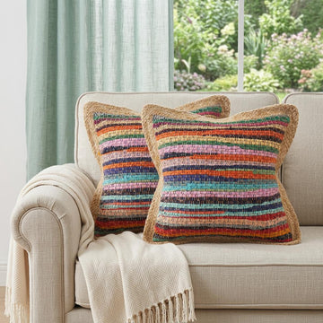 Blue Red And Natural Striped Cotton And Jute Throw Pillows