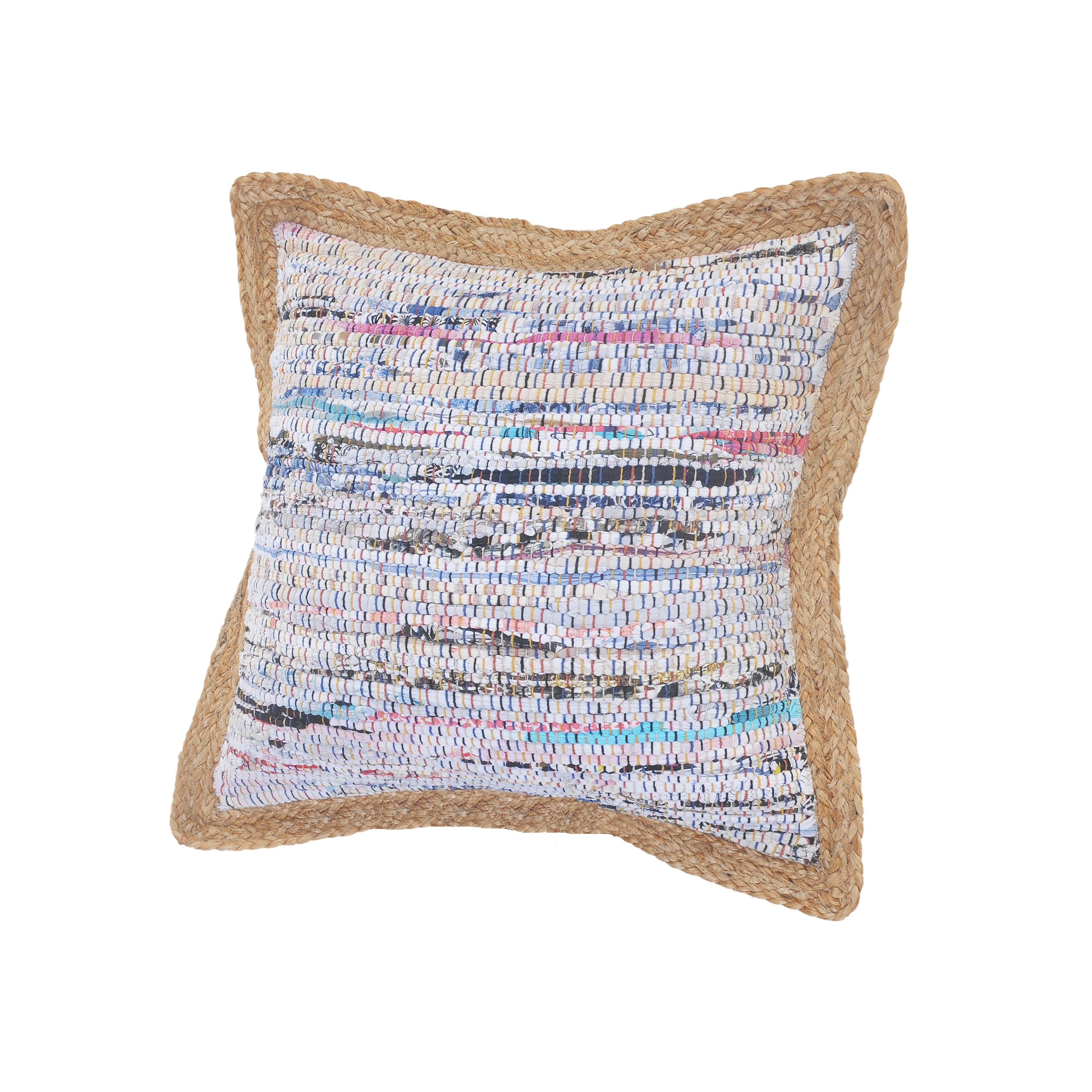 Aqua Ivory And Natural Striped Cotton And Jute Throw Pillows with Texture
