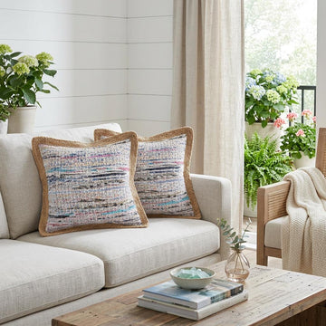 Aqua Ivory And Natural Striped Cotton And Jute Throw Pillows with Texture