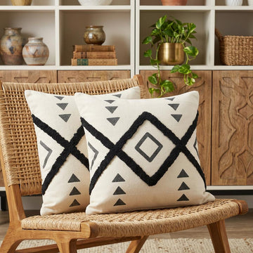 Natural And Black Geometric Cotton Throw Pillows with Texture
