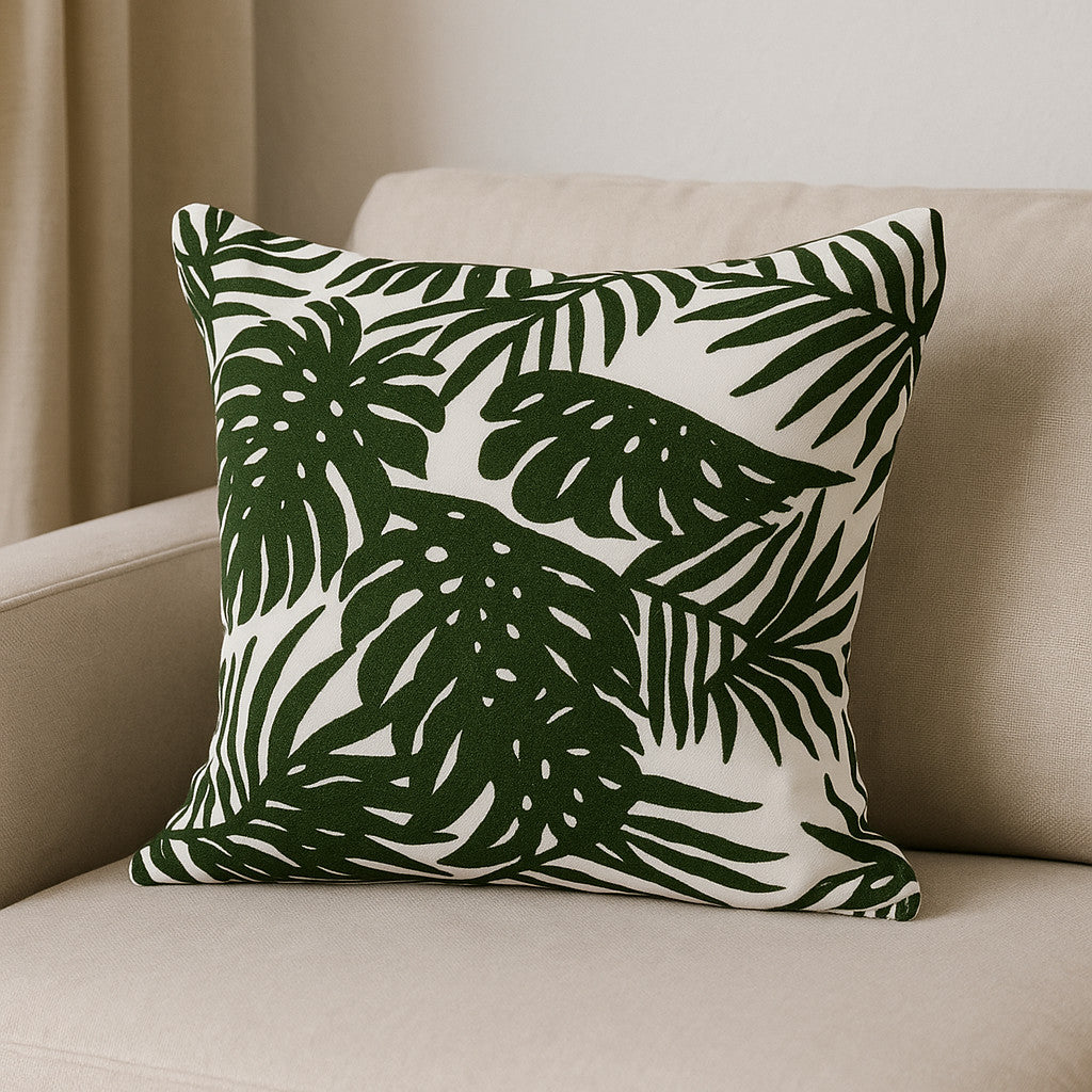 Tropical Botanical Linen Throw Pillow with Embroidery