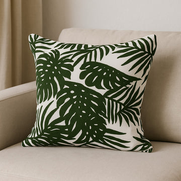 Tropical Botanical Linen Throw Pillow with Embroidery