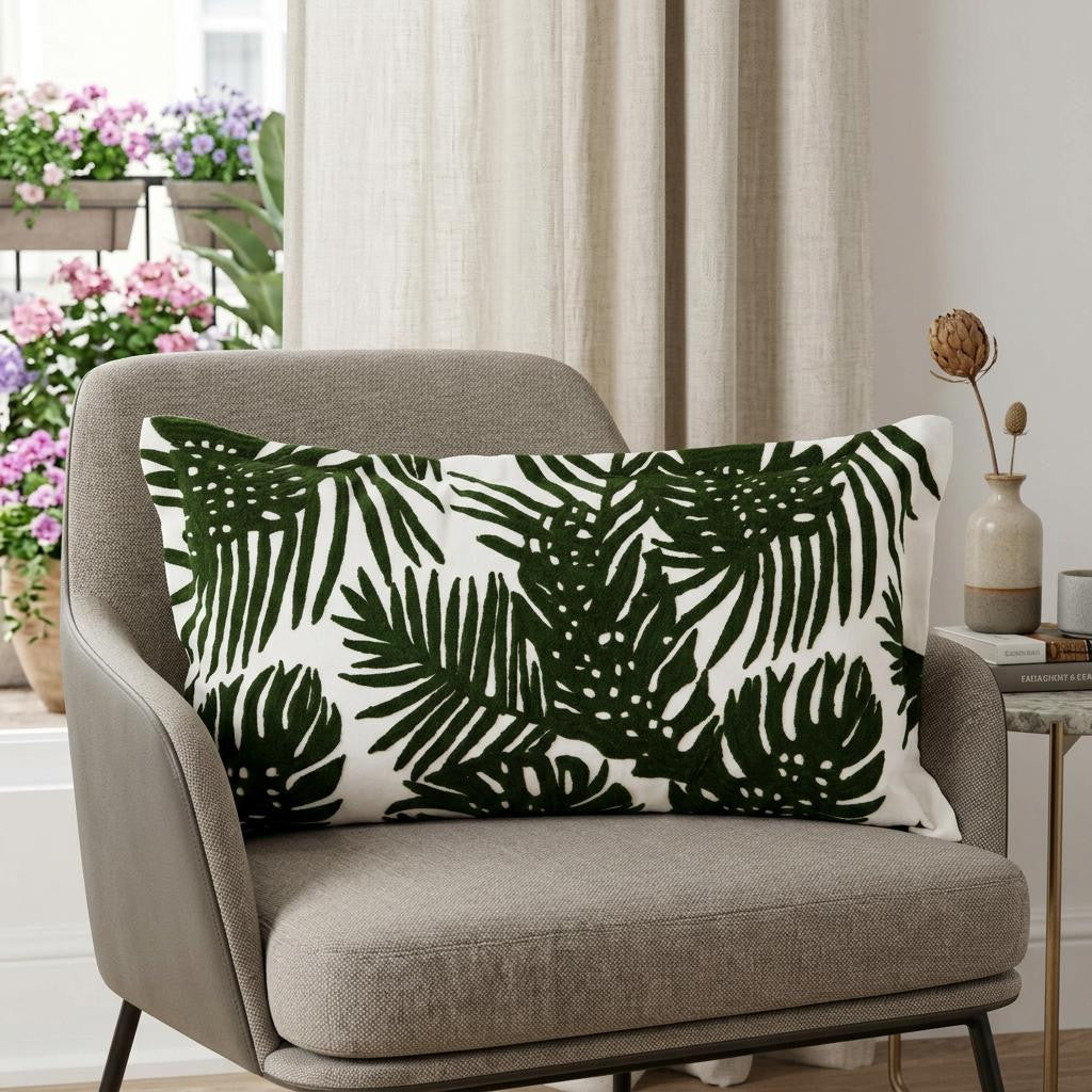 Tropical Botanical Linen Throw Pillow with Embroidery