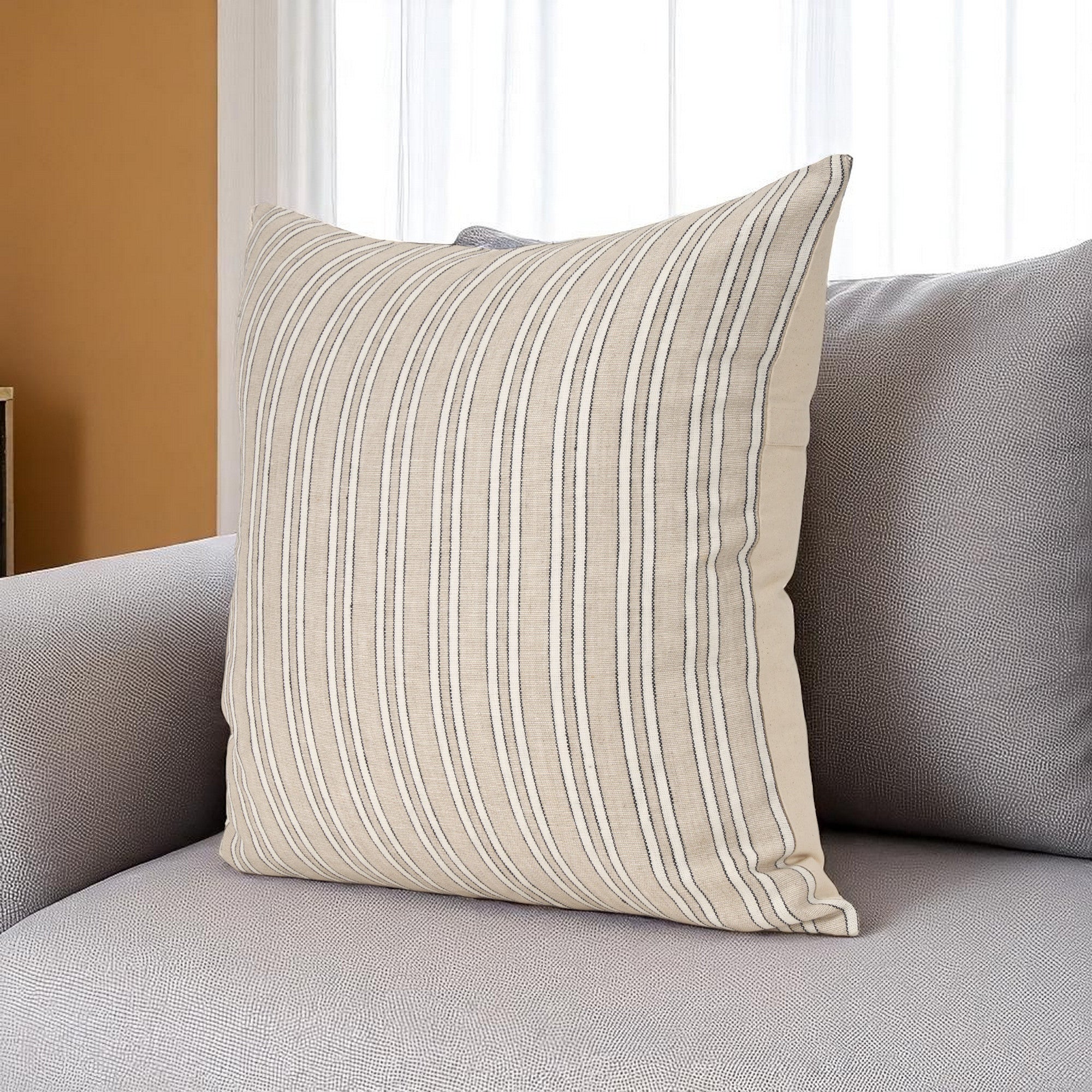 Beige And Black Striped Cotton Blend Throw Pillow with Texture