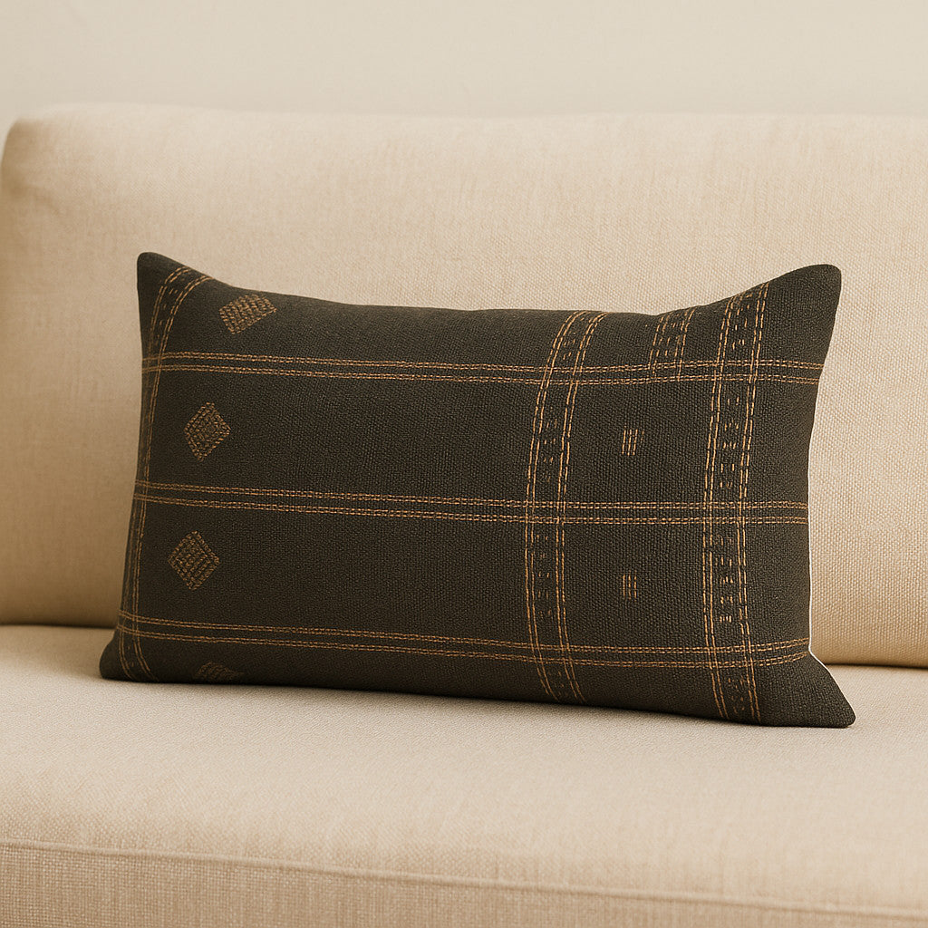 Dark Green And Tan Lumbar Geometric Cotton Throw Pillow with Texture