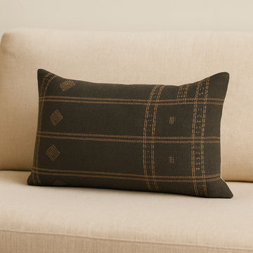 Dark Green And Tan Lumbar Geometric Cotton Throw Pillow with Texture