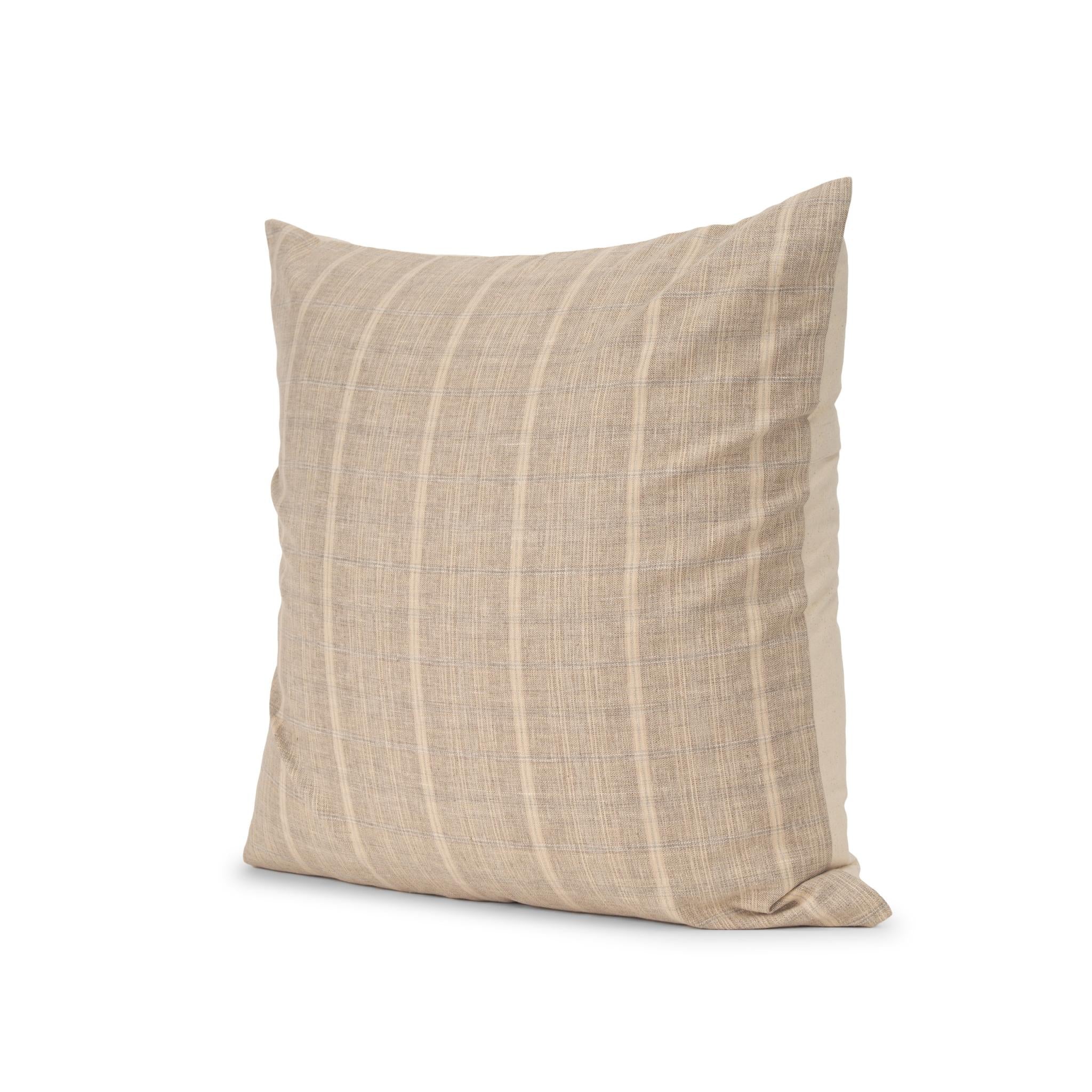 Beige And Gray Plaid Cotton Blend Throw Pillow with Texture