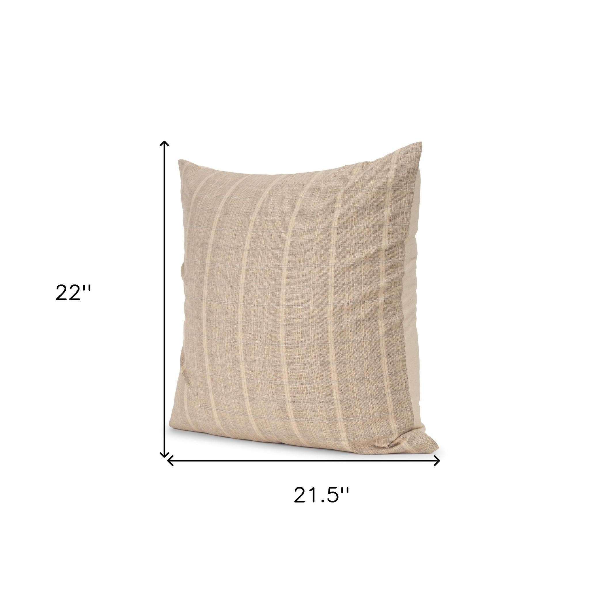 Beige And Gray Plaid Cotton Blend Throw Pillow with Texture
