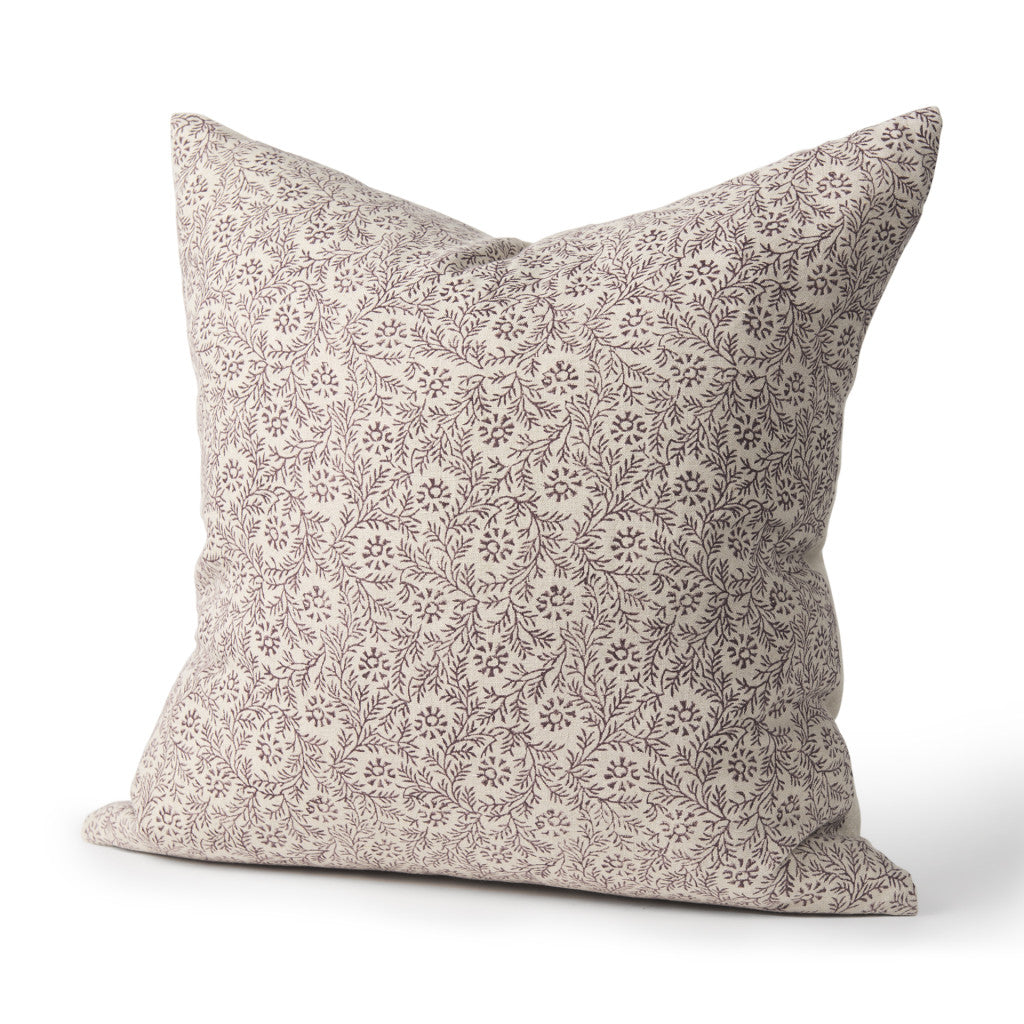 Beige And Merlot Botanical Linen Throw Pillow with Embroidery