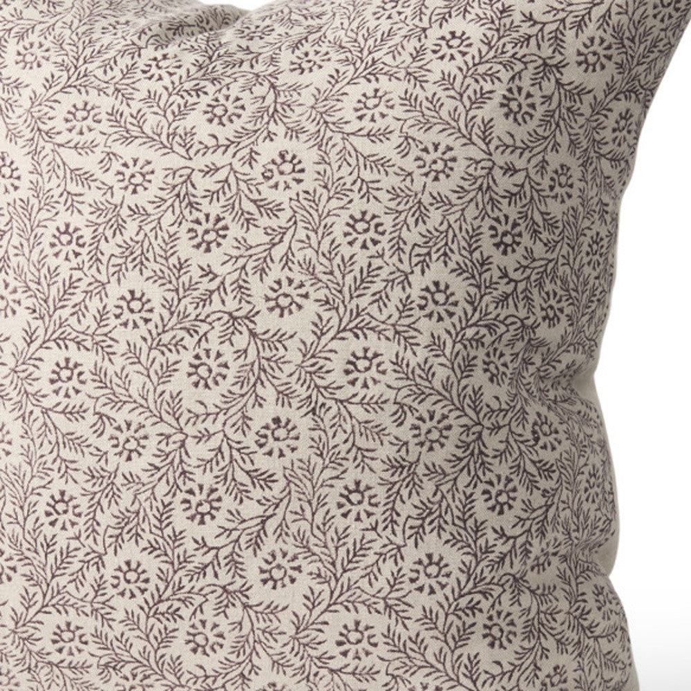 Beige And Merlot Botanical Linen Throw Pillow with Embroidery