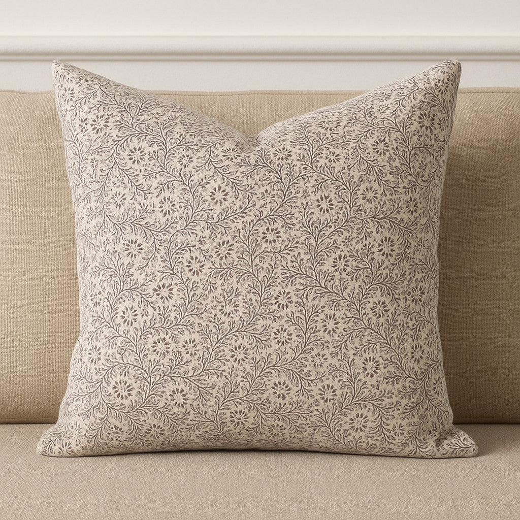 Beige And Merlot Botanical Linen Throw Pillow with Embroidery