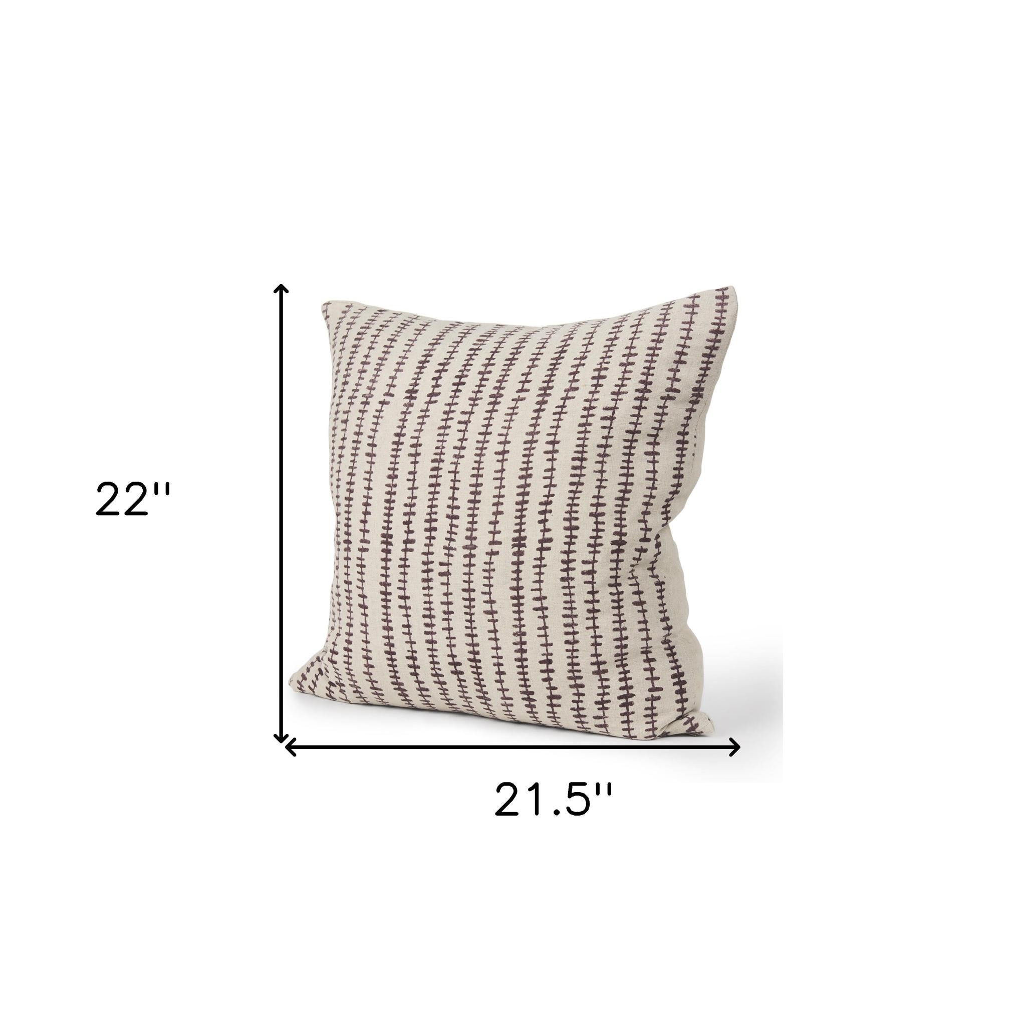 Beige And Merlot Striped Linen Throw Pillow with Embroidery