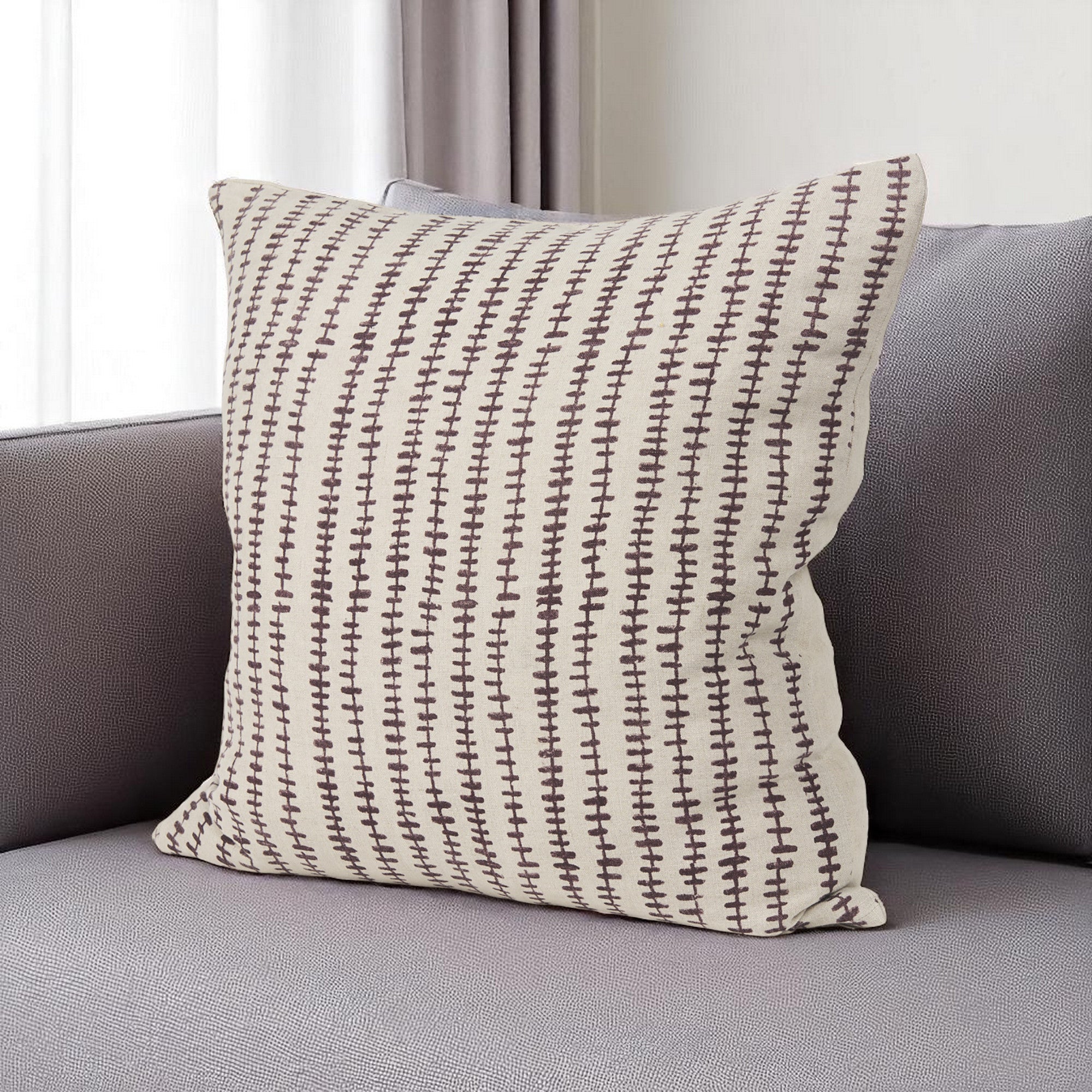 Beige And Merlot Striped Linen Throw Pillow with Embroidery
