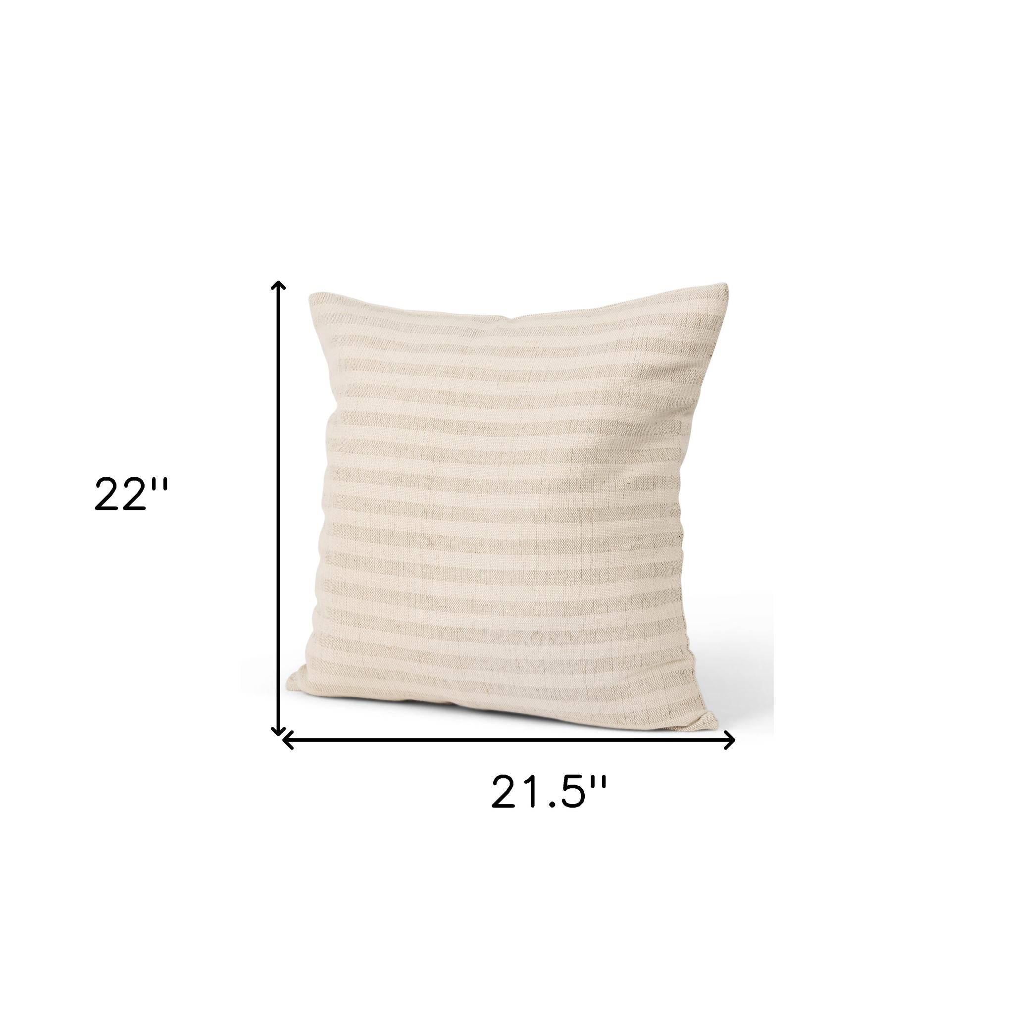 Cream And Beige Striped Linen Blend Throw Pillow with Embroidery